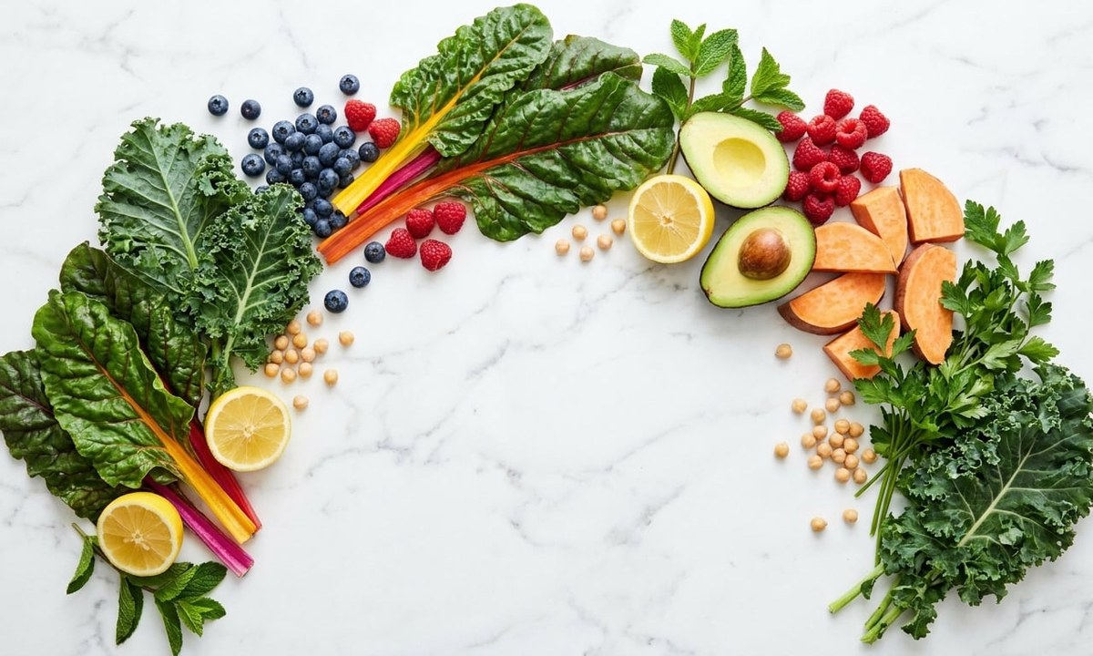 Overhead of kale, chard, blueberries, avocado and sweet potato on white marble &mdash; from module one of the Eating Well course
