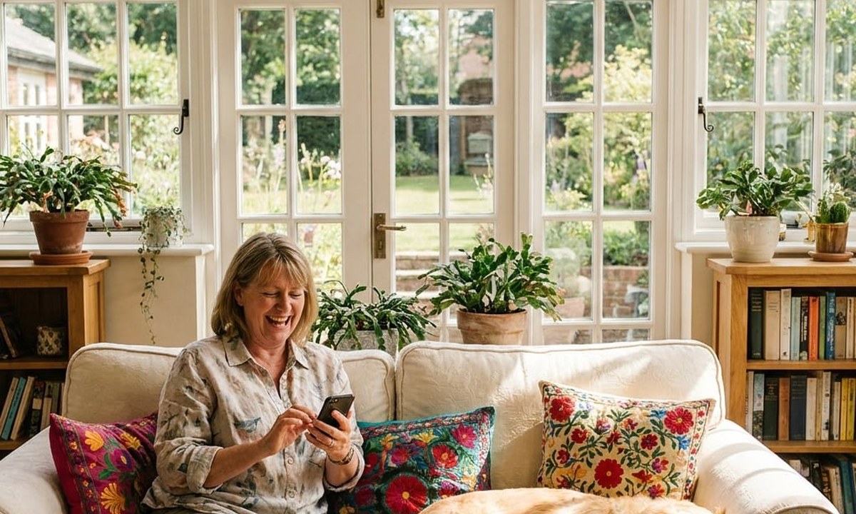 A woman laughing at her phone on a sunny sofa by garden doors