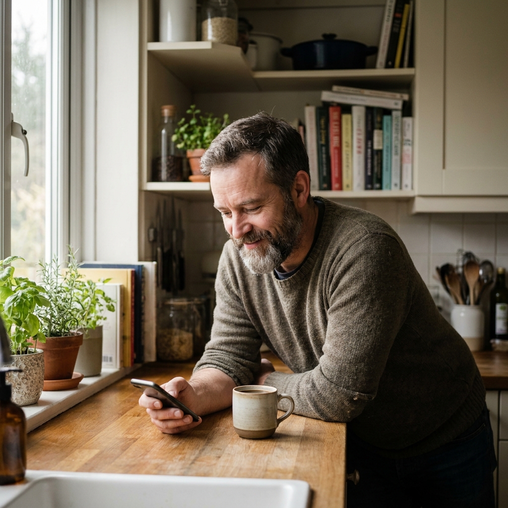 A man at the kitchen counter glancing at his phone