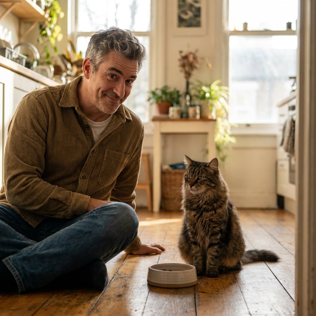 A man sitting on the kitchen floor beside a cat and an empty bowl