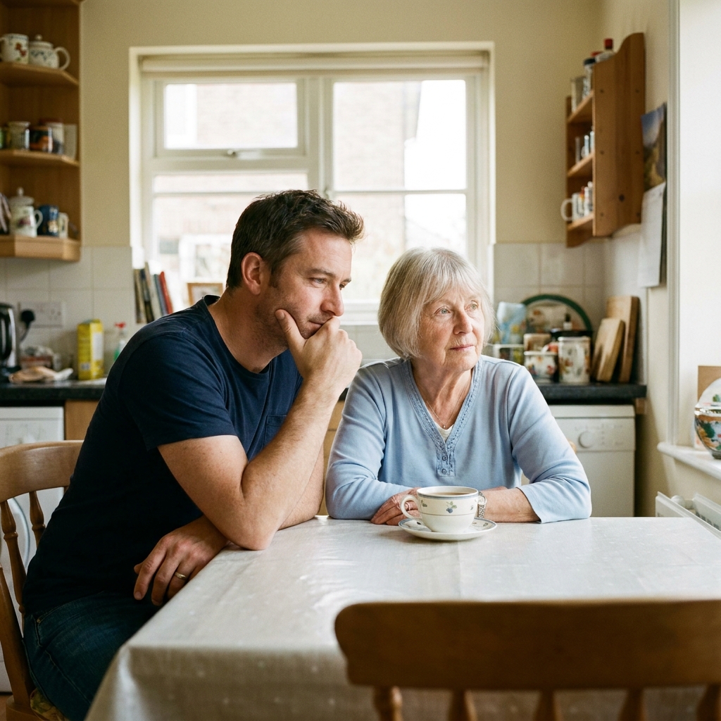 A man at the kitchen table with his mother