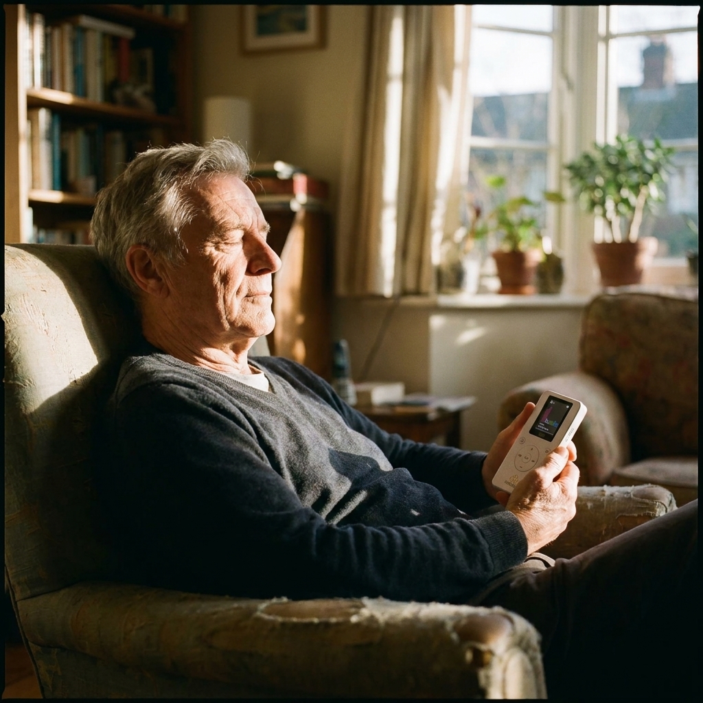 A man in an armchair holding his Resona Vibe