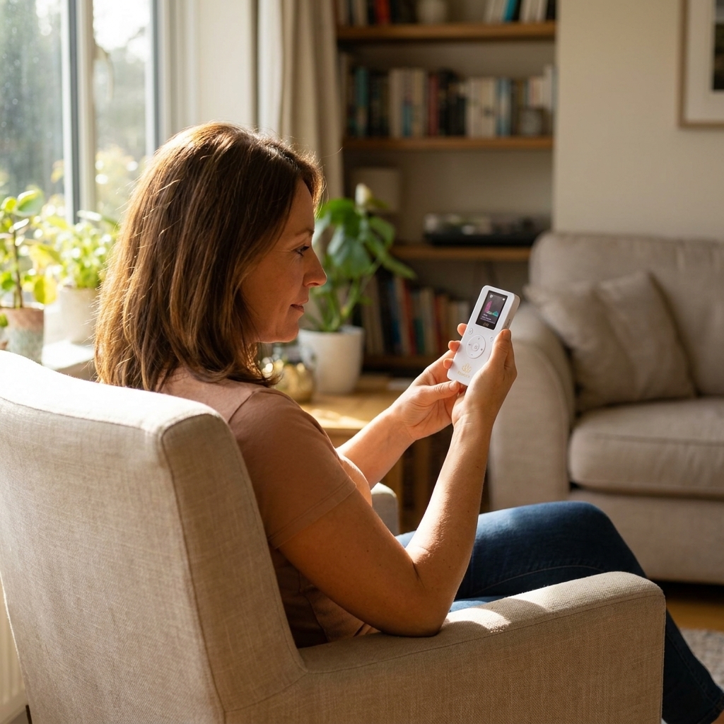 A woman in an armchair holding a Resona Vibe, looking at its screen