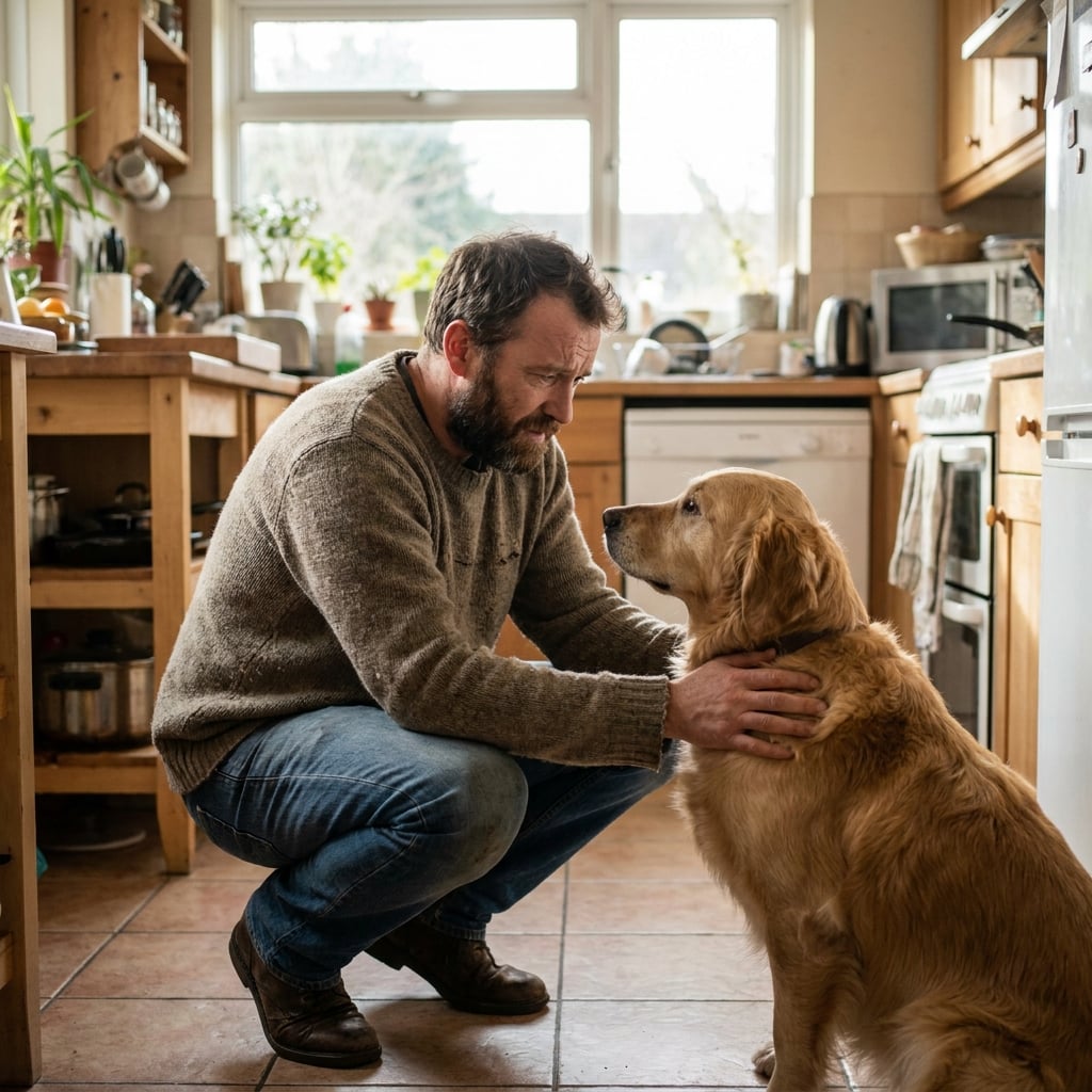 A man crouched on his kitchen floor beside his golden retriever