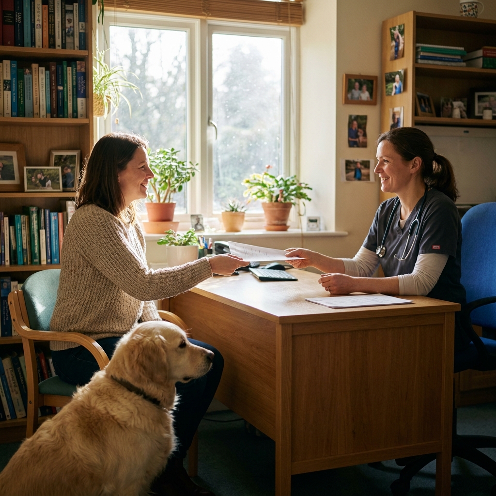 A woman handing a printed page to a vet, her dog beside her