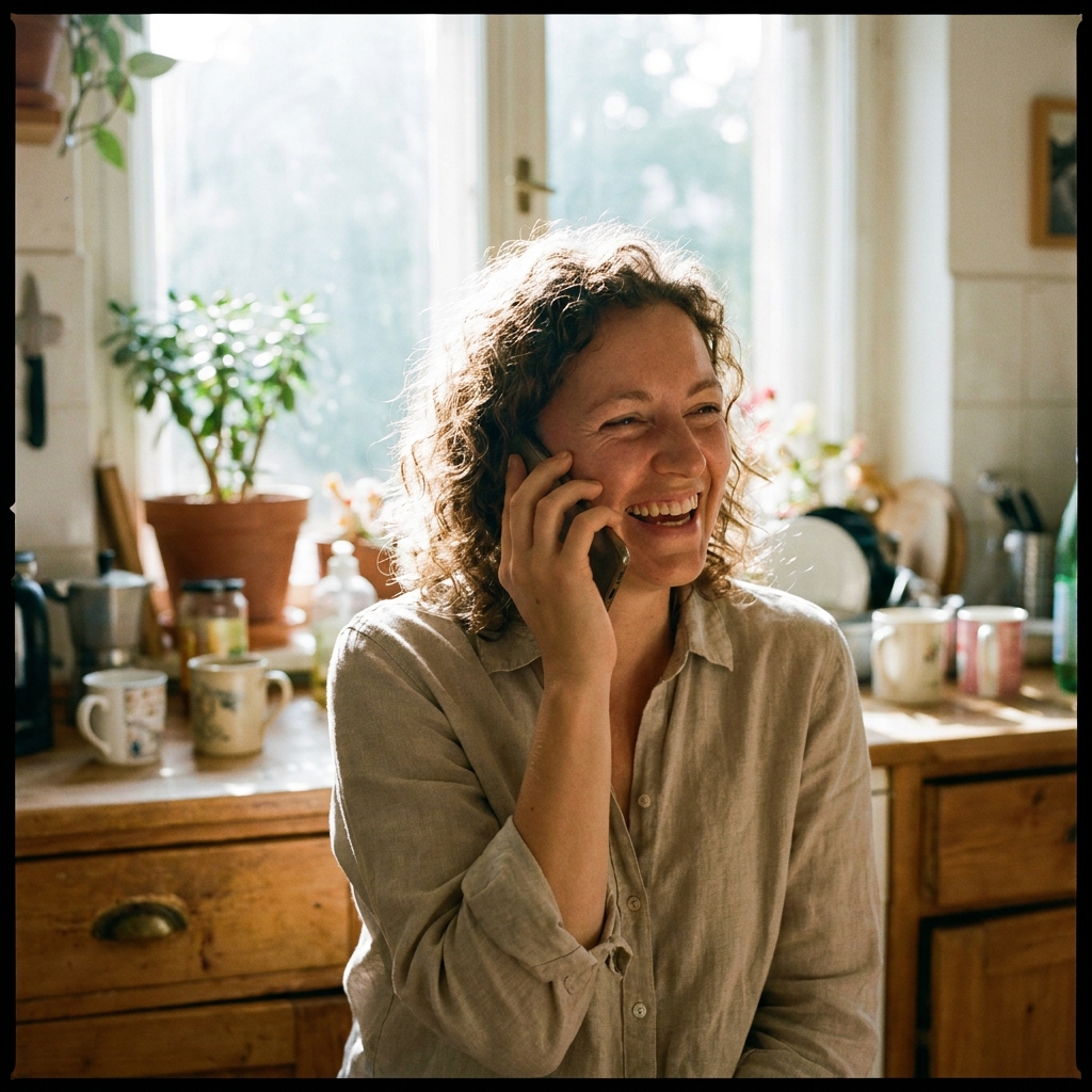 A woman speaking to her phone in a sunlit kitchen