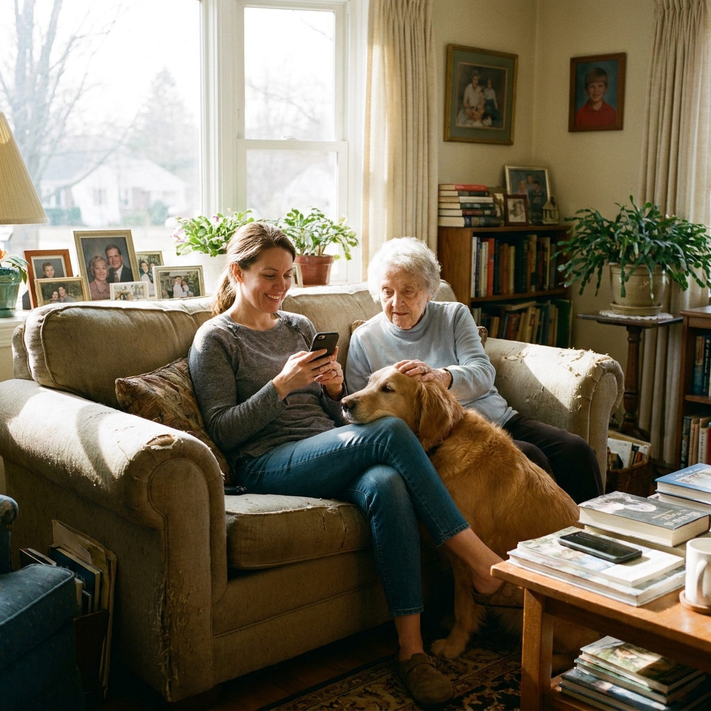 A woman on the sofa with her mother and their dog