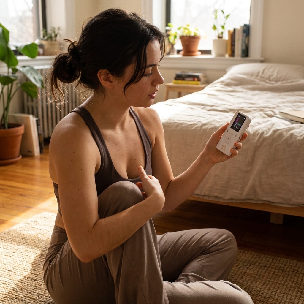 A woman on the bedroom floor after stretching, looking at her Resona Vibe