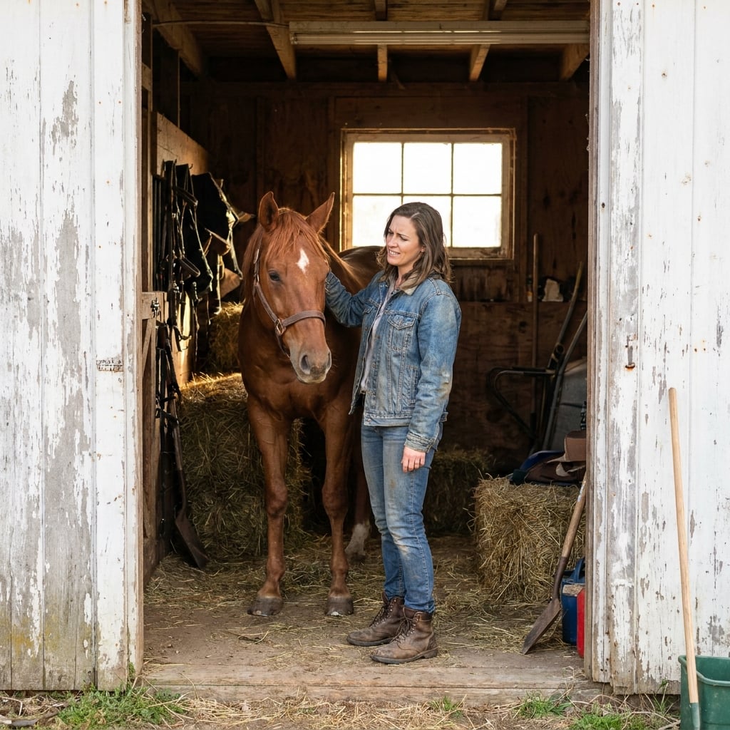 A woman in a stable doorway with her chestnut horse
