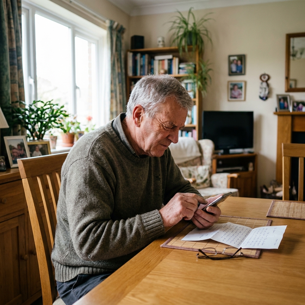 An older man entering something into his phone at the table