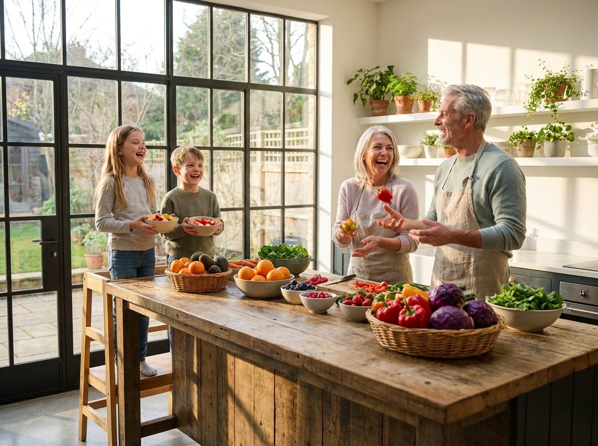 A couple laughing together in a sunny kitchen full of fresh food