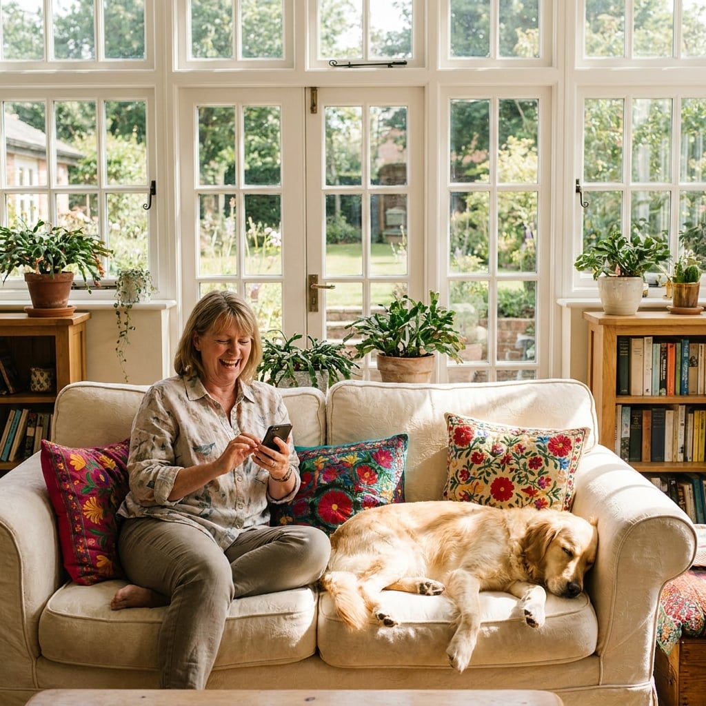 A woman smiling at her phone on a sunny sofa with her dog beside her