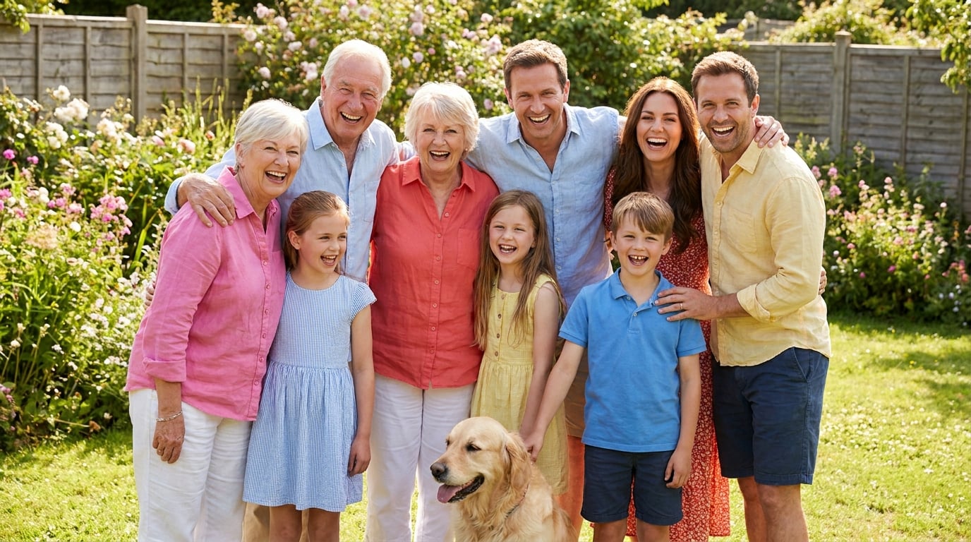 A large multi-generational family laughing together in a sunny garden with their dog