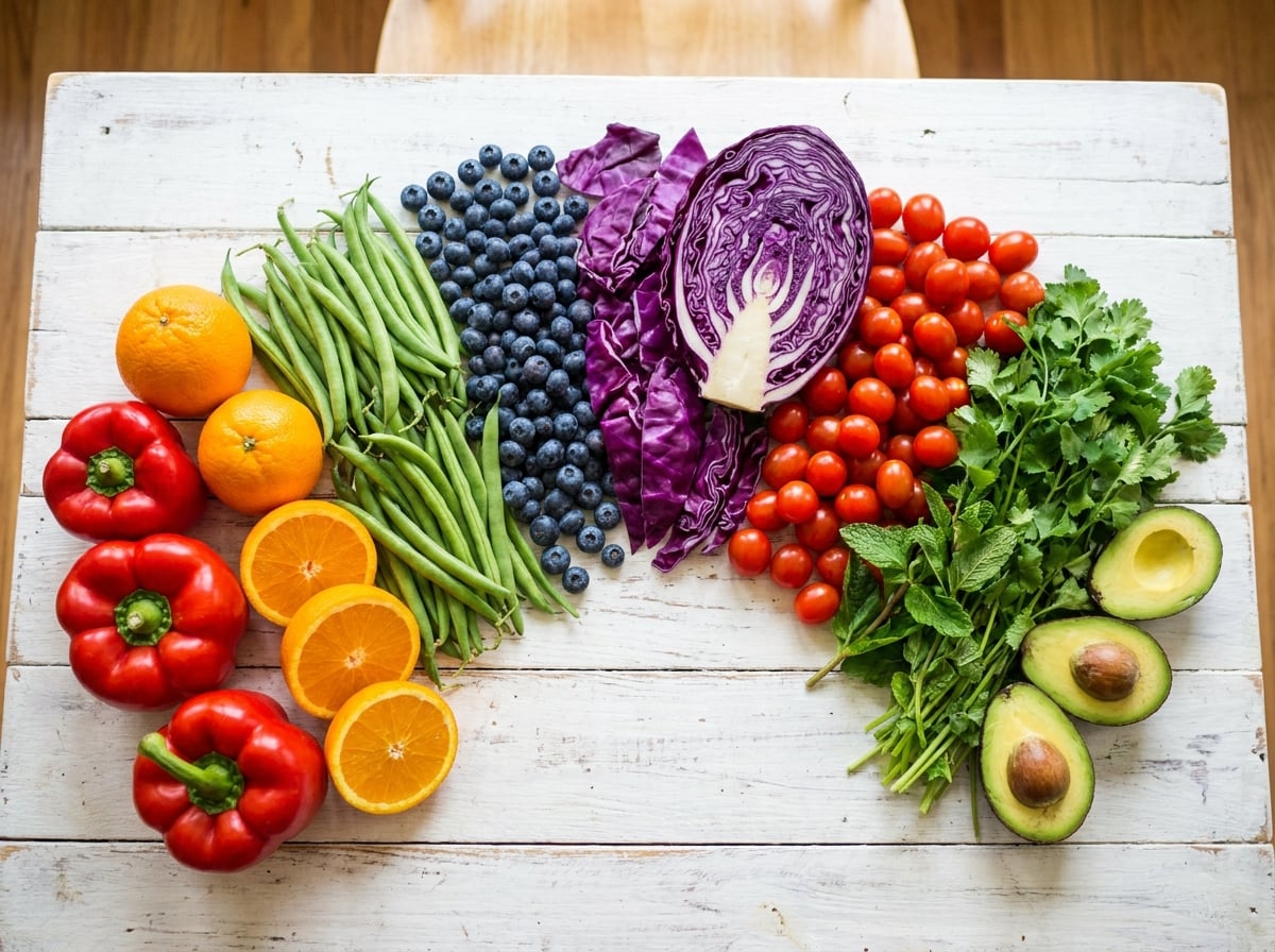 Overhead view of a rainbow of fresh vegetables and fruit on a white table