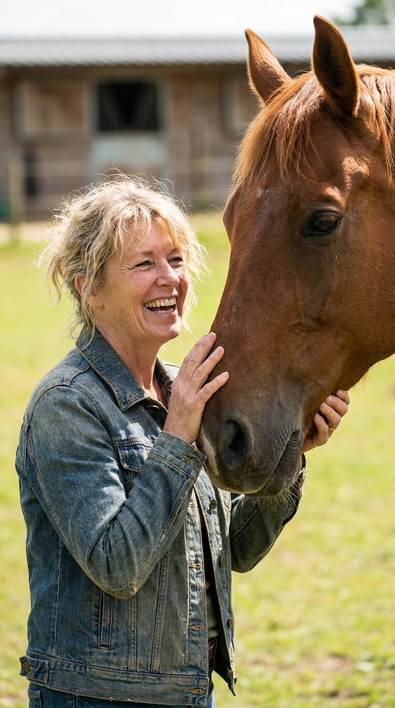A smiling woman grooming her horse on a sunny morning