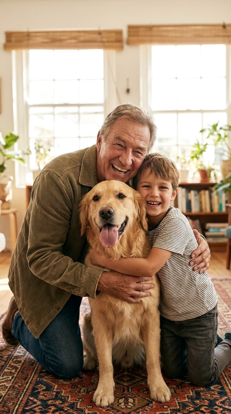 A grandfather and grandson with their golden retriever in a bright living room