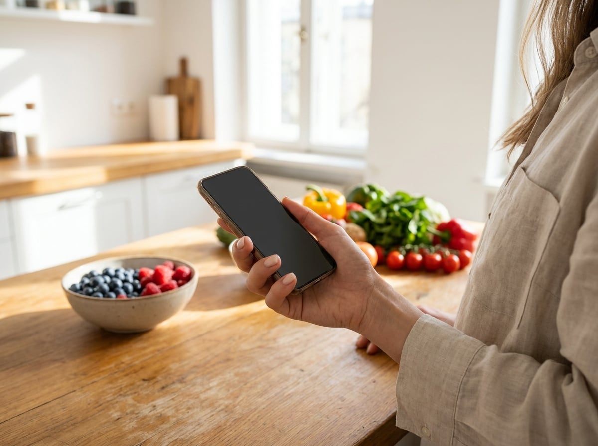 A phone held in a bright kitchen beside bowls of fresh fruit and vegetables
