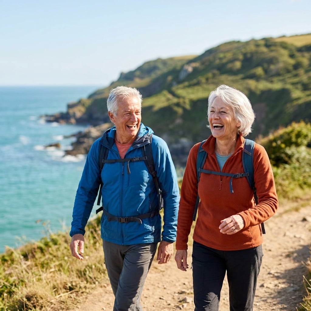 An active couple in their sixties hiking a sunny coastal trail