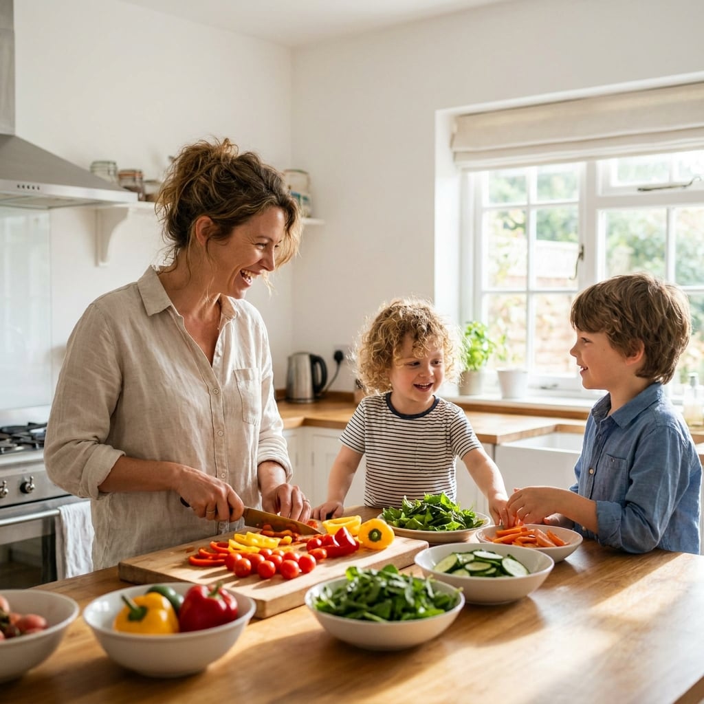 A mother making a colorful salad with her two young children