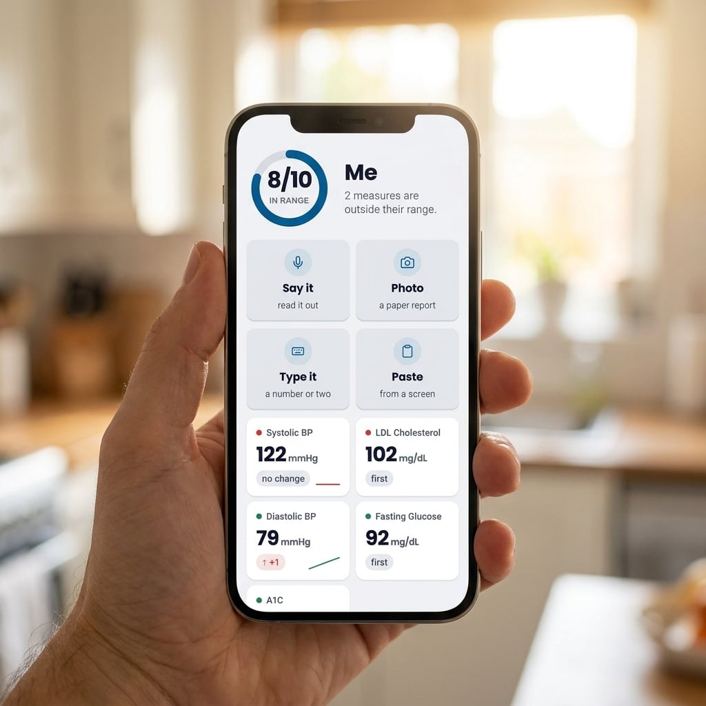 A hand holding a phone showing the Ask Fernando health screen, with eight of ten measures in range and four ways to add a new one