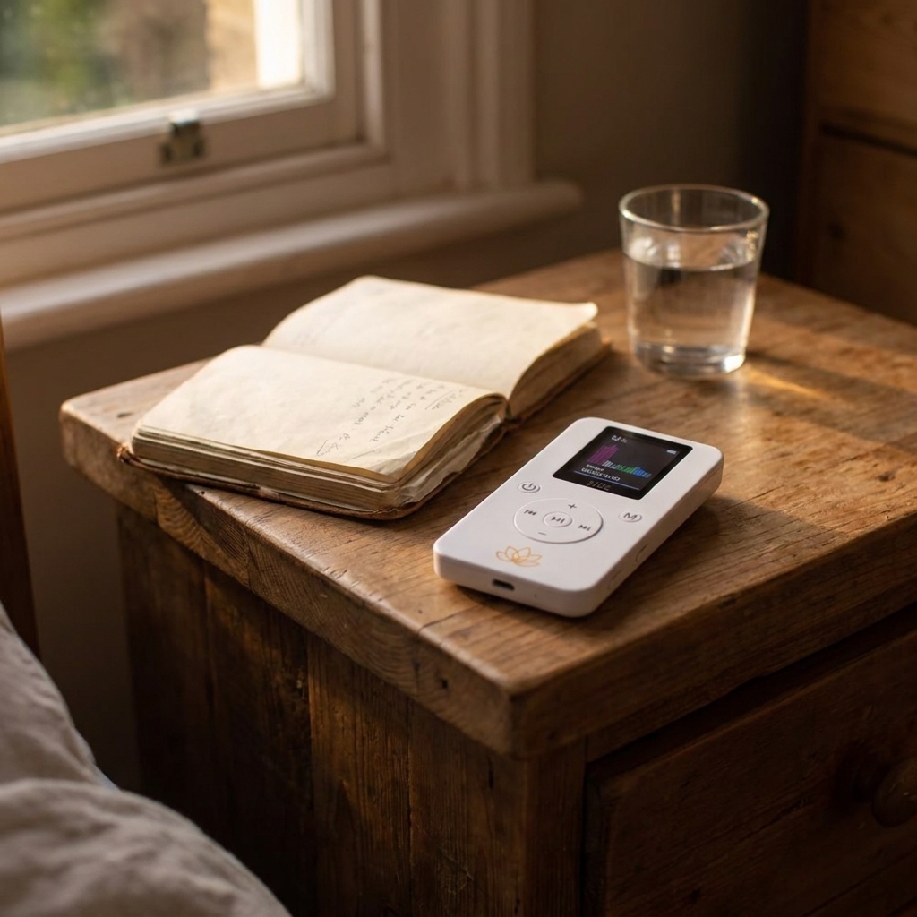A Resona Vibe on a bedside table beside a notebook