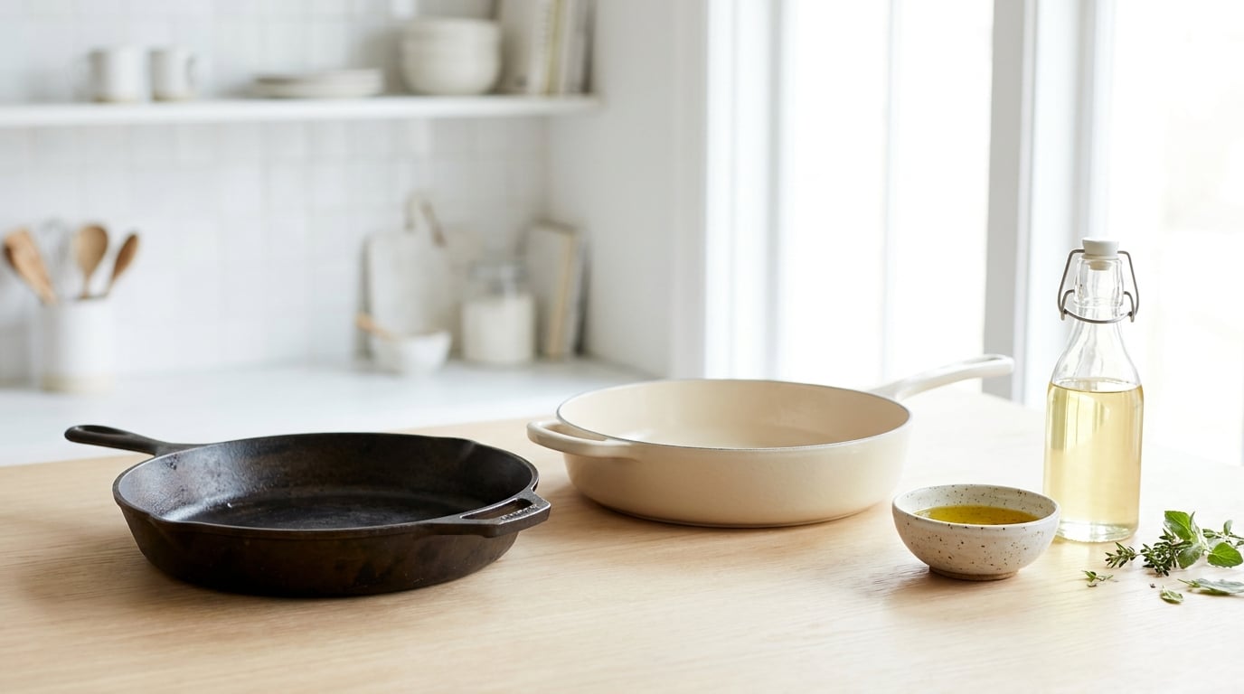Cast iron leaches iron. Lead-free ceramic leaches nothing. Non-stick is a different story.