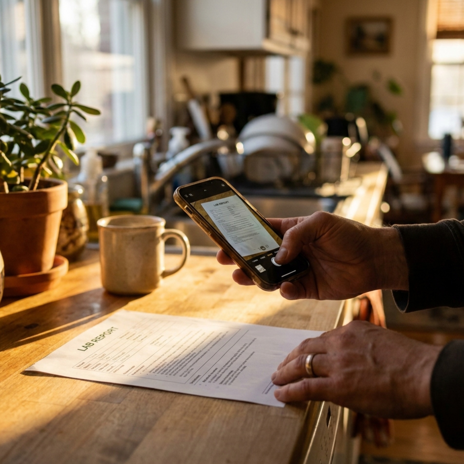 A phone photographing a paper report on a kitchen counter