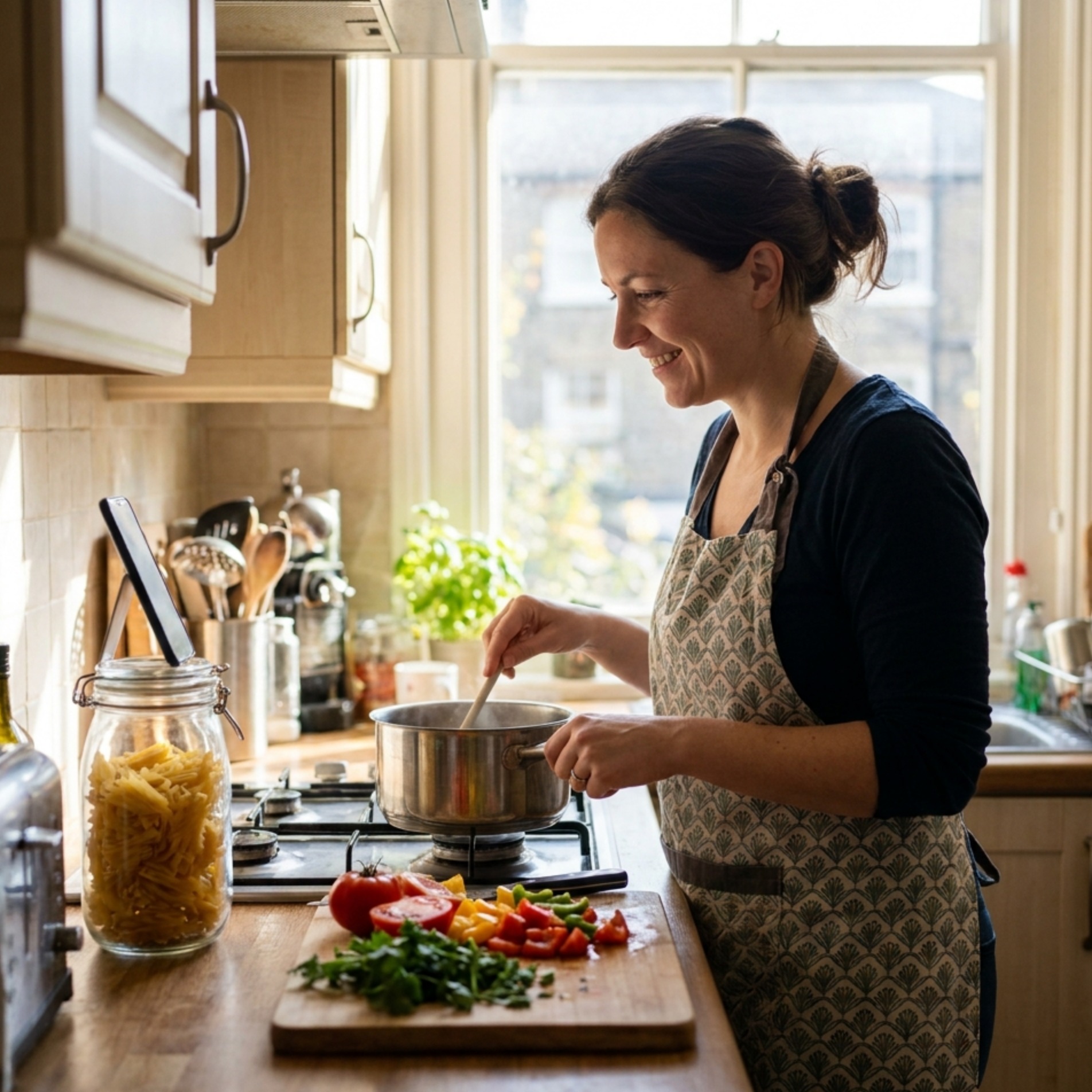 A woman cooking, following a recipe from her phone