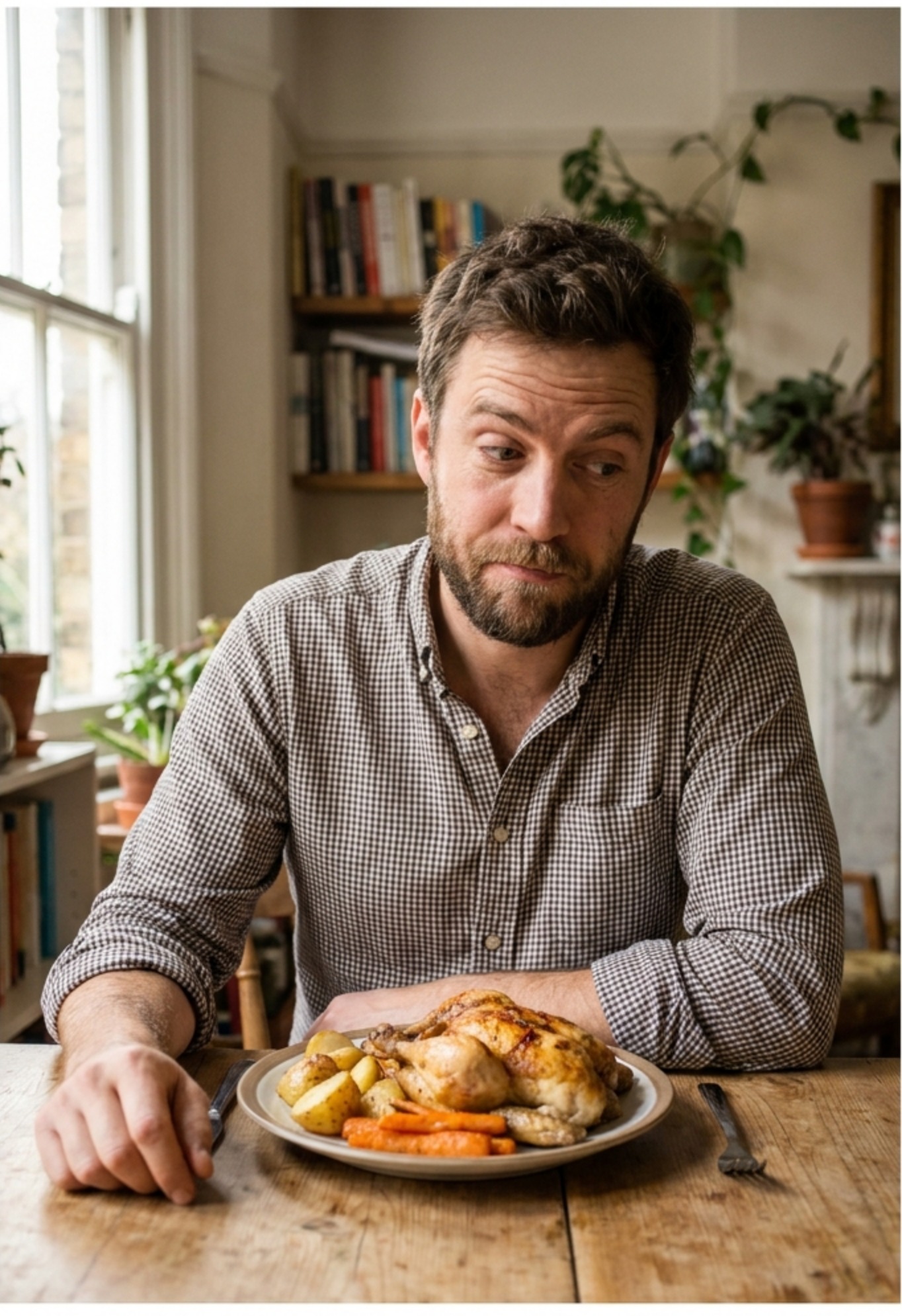 A man looking down at the dinner he has just finished